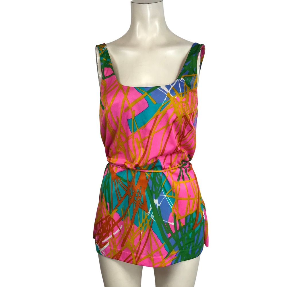VTG‎ KAI Sportswear Pink Teal Abstract Print Tank Tunic Belted Size 12